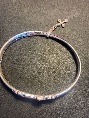 Sterling Silver Cross Charm Bangle Bracelet - Inspirational Matthew 7:7-8